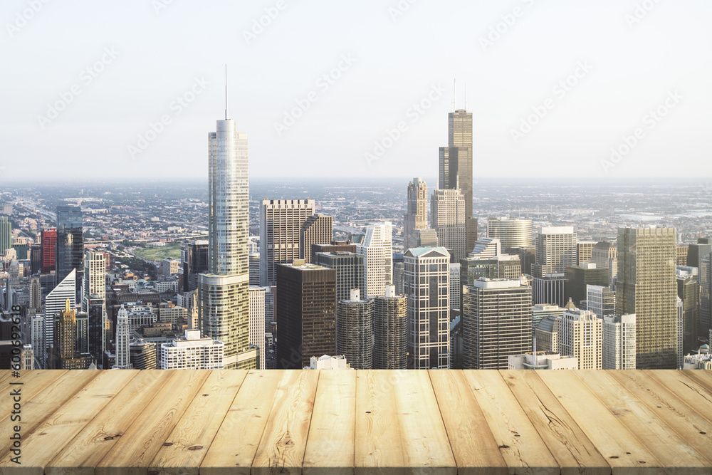 Table top made of wooden dies with Chicago city view on background, template Table top made of wooden dies with Chicago city view on background, template