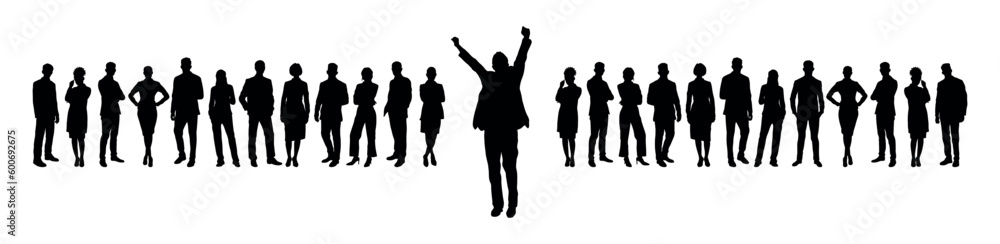 Businessman raising hands standing out in front of his business team silhouette Businessman raising hands standing out in front of his business team silhouette
