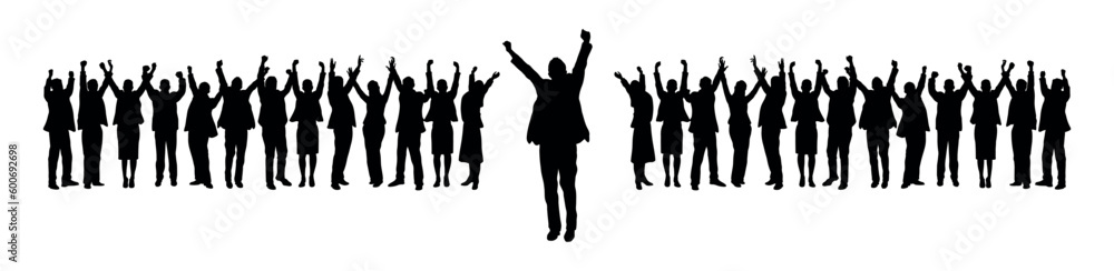 Businessman standing and raising hands up in front of crowd people silhouette 