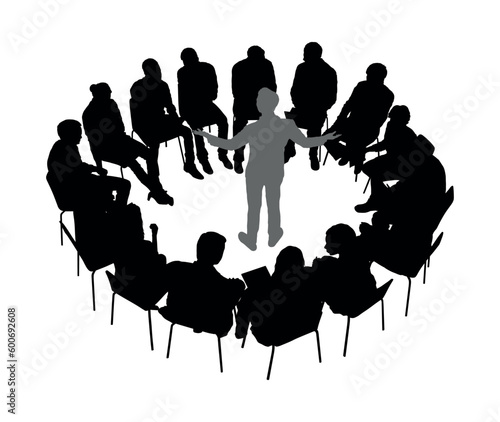 Business people talking in circle meeting brainstorming flat vector silhouette.