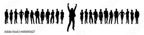 Businessman raising hands and jumping  in front of business team silhouette.