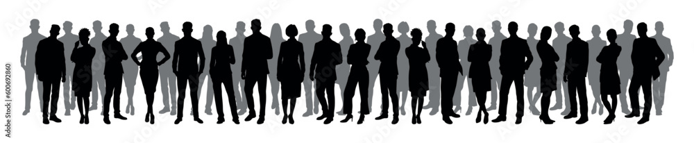 Group of confident business people standing together vector silhouette.