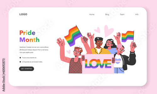 Cheerful characters with rainbow flags celebrate pride month web banner