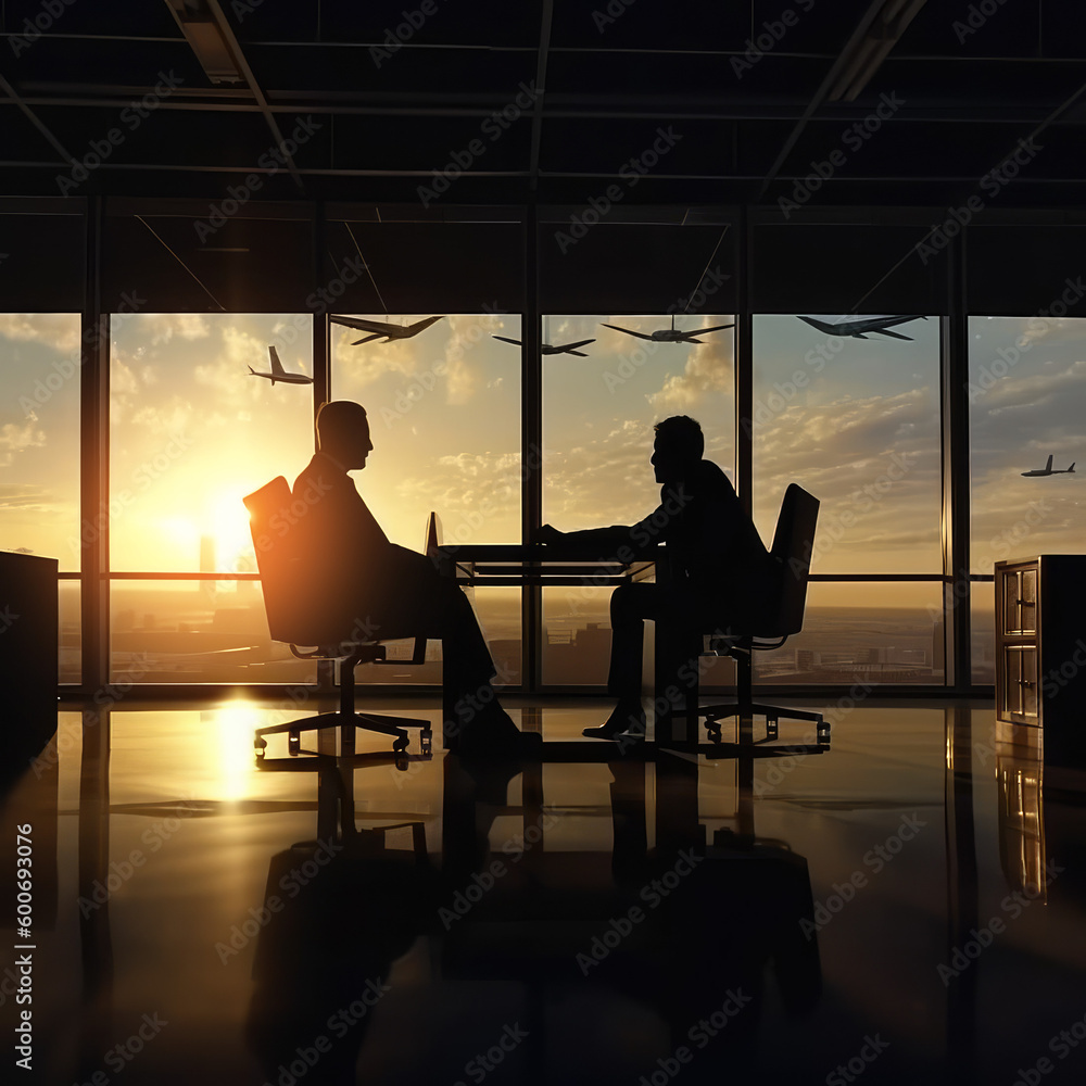 Silhouettes of two business people working sitting on armchairs in office interior, huge windows. Generative ai