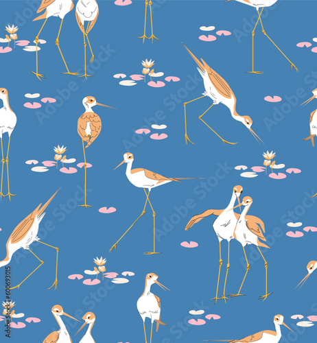 Bird Stilt Cute Seamless pattern with water lilies. Vector wetland animal illustration on blue background