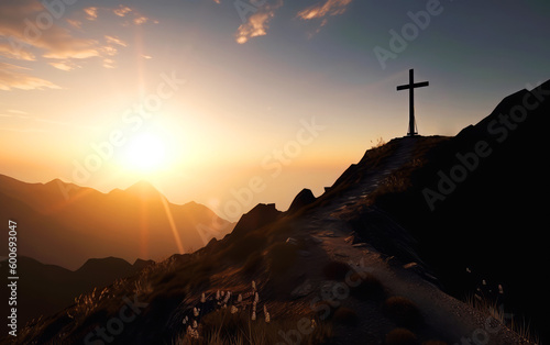 Silhouette cross mountain sunset background. Easter concept. Generative ai