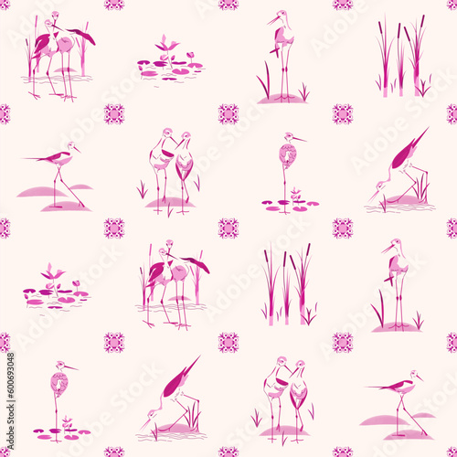 Bird tiles pink Azulejo pattern. Black-necked stilt on beige background. Vector imitation of ceramics