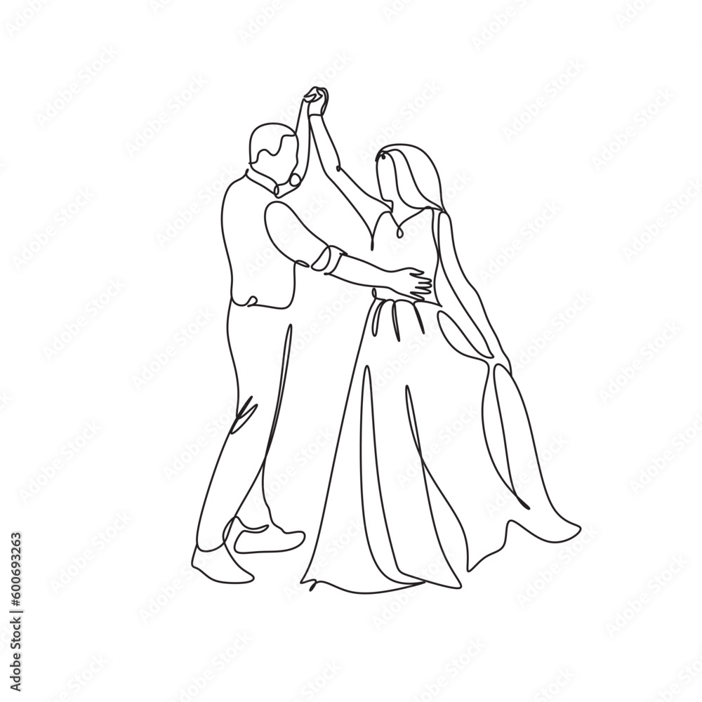 Single one line drawing happy cute married man and woman dancing on the floor at party park. Romantic young wedding couple holding hands and spinning around. Continuous line draw design graphic vector Single one line drawing happy cute married man and woman dancing on the floor at party park. Romantic young wedding couple holding hands and spinning around. Continuous line draw design graphic vector