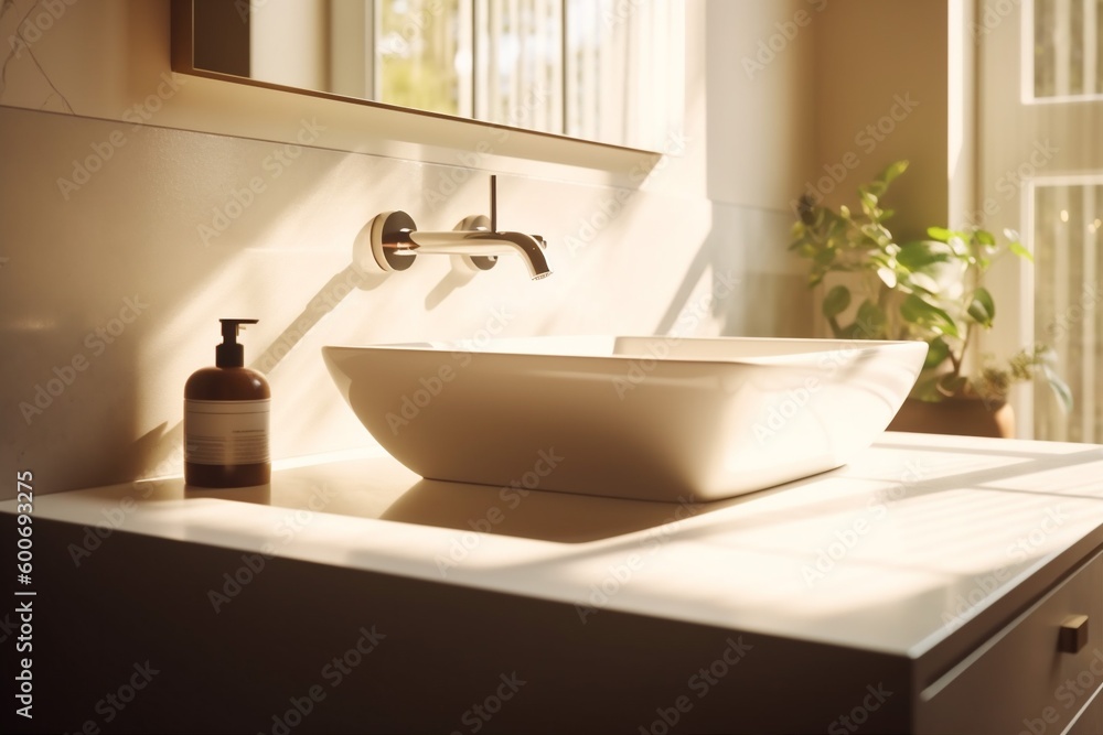 Fototapeta premium house bathroom hotel luxury sunlight interior counter sink design faucet modern. Generative AI.