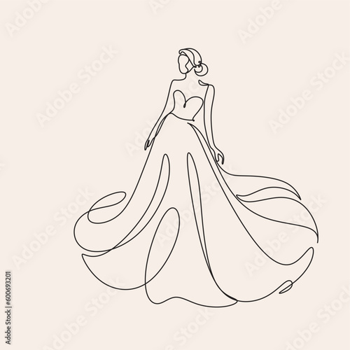 Vector illustration of a bride in wedding dress and a veil minimalist line art