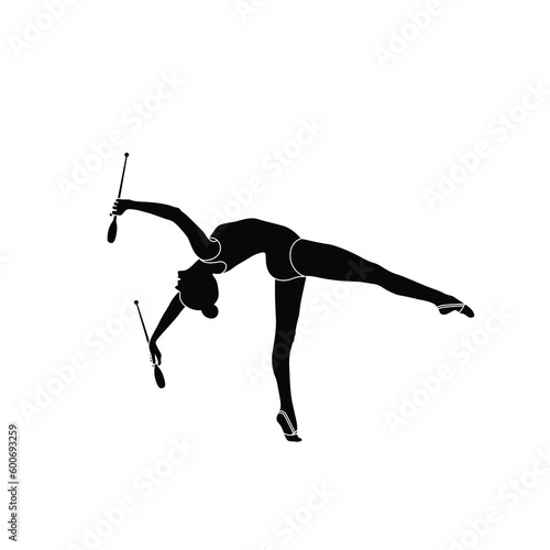 Clubs Rhythmic Gymnastics flat sihouette vector. Rhythmic Gymnastics female athlete black icon on white background.