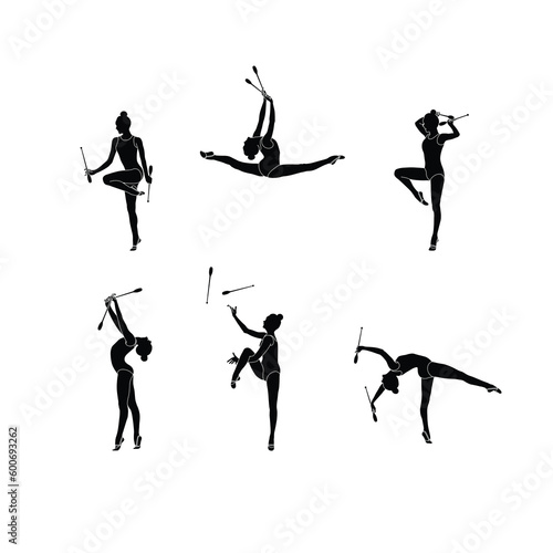 Clubs Rhythmic Gymnastics set flat sihouette vector. Rhythmic Gymnastics female athlete black icon on white background.