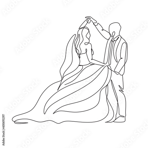 Single one line drawing happy cute married man and woman dancing on the floor at party park. Romantic young wedding couple holding hands and spinning around. Continuous line draw design graphic vector