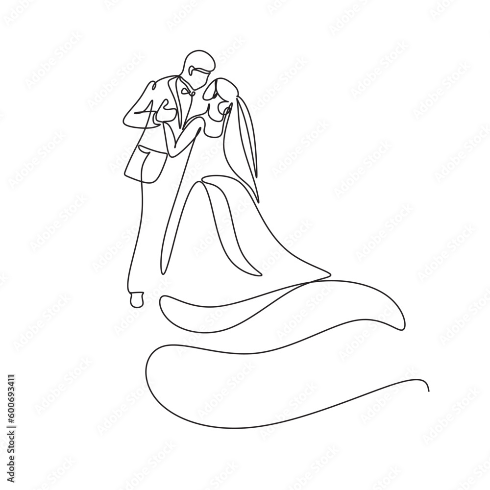 Line art drawing wedding couple married man and woman dancing on the floor at party park. Romantic young man and woman holding hands and spinning around. Continuous line draw design graphic vector