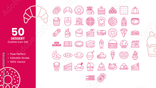 Set of 50 line icons related to Dessert and Food. Pixel Perfect Icon. Outline icon collection. Editable stroke. Vector illustration.