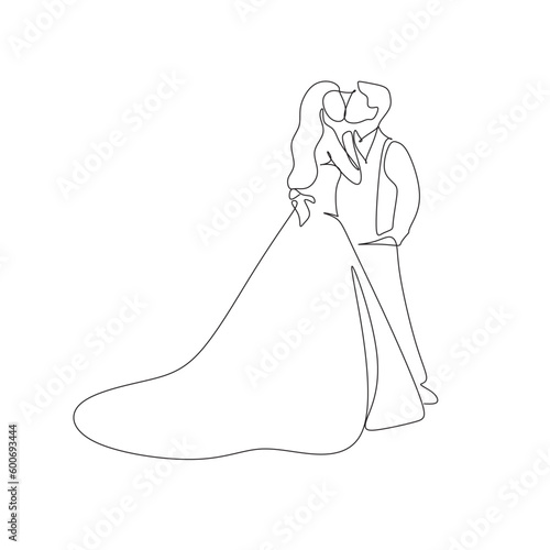 Wedding cople dance vector line art. Beautiful bride and groom line drawing. Elegant wedding agency logo. Minimalist modern illustration