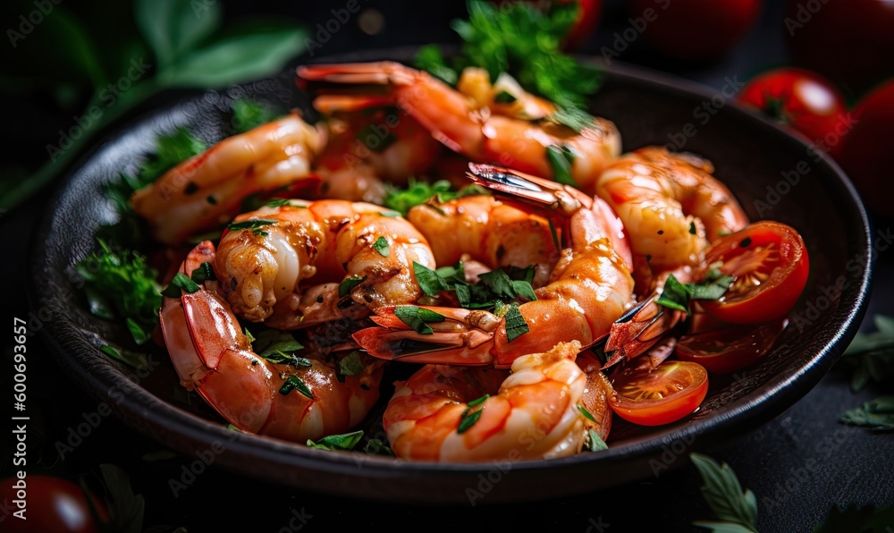 Photo a plate of shrimp with tomatoes and herbs, generative AI Photo a plate of shrimp with tomatoes and herbs, generative AI