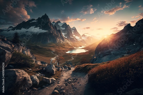 Scenic sunrise in the high mountains of the alpes