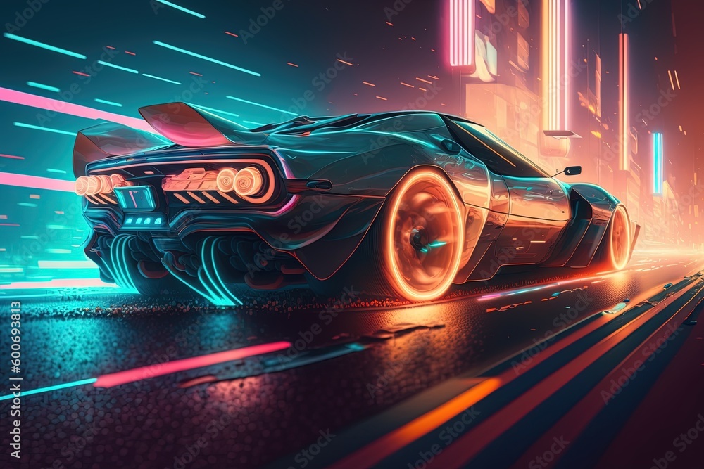 Speeding Sports Car On Neon Highway. Futuristic, cyberpunk
