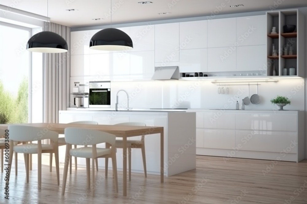 Fototapeta premium kitchen design modern nobody table house interior home chair furniture dining. Generative AI.