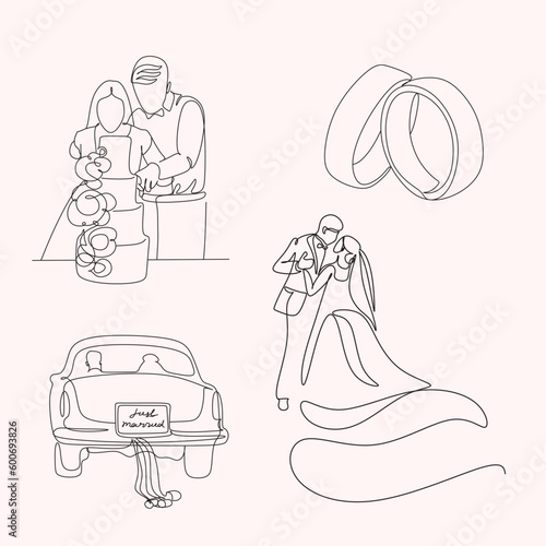 Wedding line art illustrations set. Single one line drawing happy cute married man and woman. Bridal an groom. Modern graphic design concepts, simple outline elements collection. Vector line icons