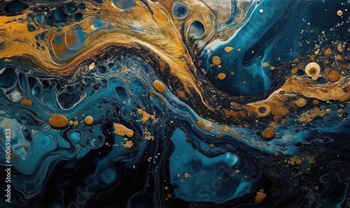 Swirling golden and blue acrylic fluid art dark blue waves in abstract ocean and golden foamy waves marble effect, generative AI