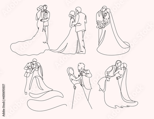 Line art drawing wedding couple married man and woman dancing on the floor at party park. Romantic young man and woman holding hands and spinning around. Continuous line draw design graphic vector