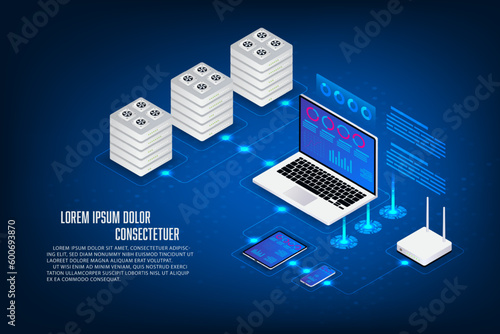Vector isometric server storage concept. Laptop, tablet, mobile, router wifi and server isometric.