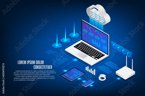 Vector isometric server storage, financial technology crypto currency stock exchange trade application concept. Laptop, tablet, mobile, router wifi and server isometric.