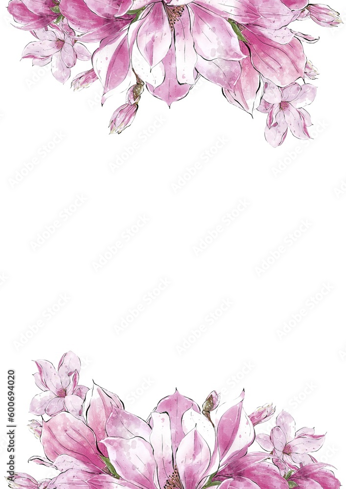 Watercolor magnolias template. Florals Arrangement, design for wedding invitations and greeting cards.