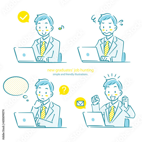 ノートパソコンを使って就職活動を頑張る男性　シンプルでお洒落な線画イラスト