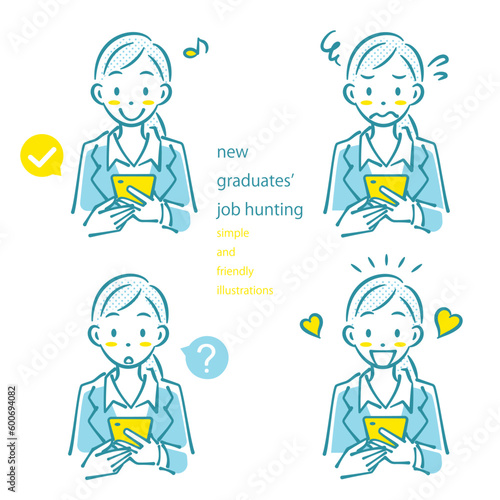 スマホを使う就活中の女性のイラストセット　シンプルでお洒落な線画イラスト