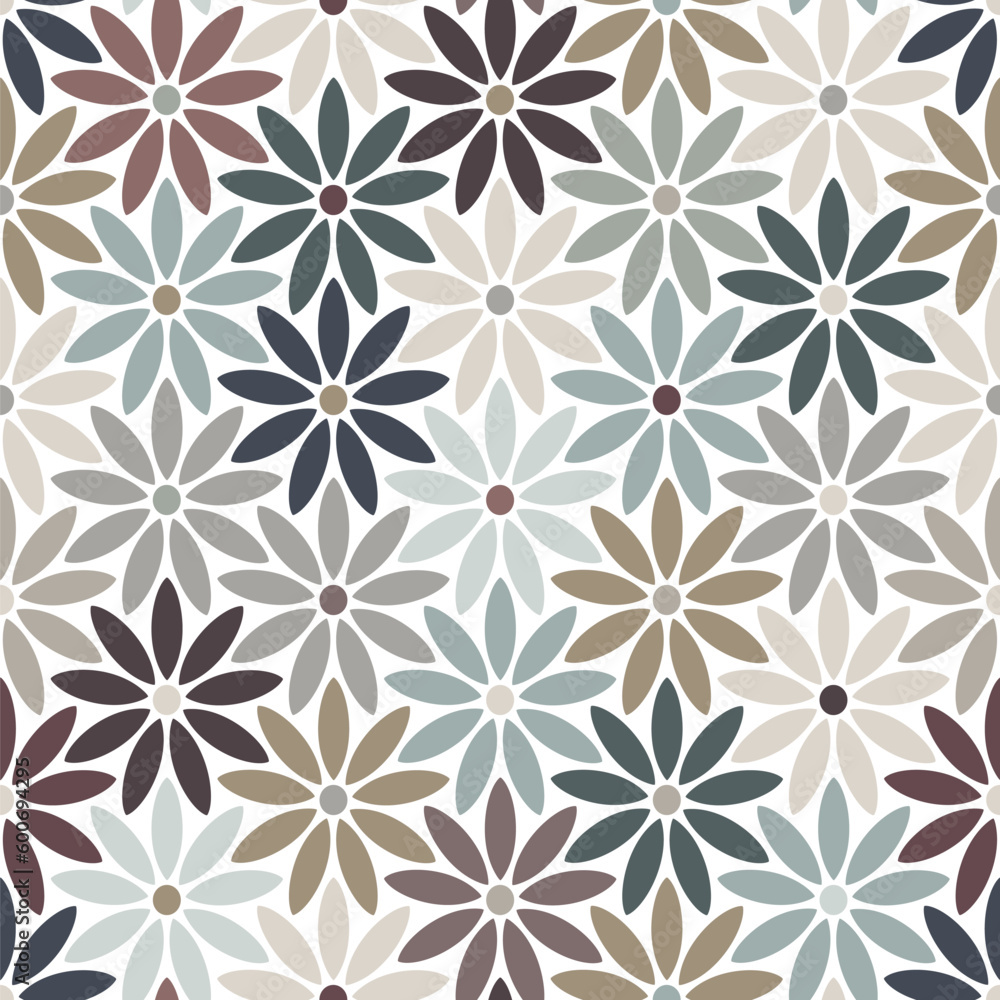 Interlocking geometric multicolored flowers on a white background. Mosaic Style. Seamless stylized floral pattern. Vector illustration for textile, wrapping, and packaging. Interlocking geometric multicolored flowers on a white background. Mosaic Style. Seamless stylized floral pattern. Vector illustration for textile, wrapping, and packaging.