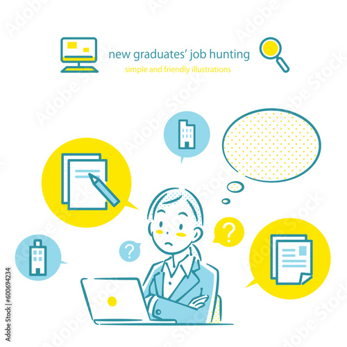 パソコンでエントリーシートを記入する就活中の女性　シンプルでお洒落な線画イラスト