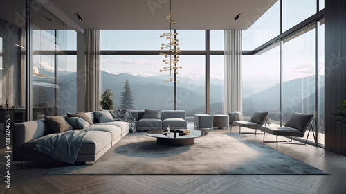 Modern luxury spacious penthouse living room interior design with comfortable sofa, coffee table, TV cabinet, TV on the wall and large glass window with mountain view © ttonaorh