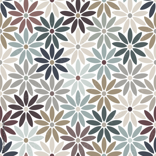 Interlocking geometric multicolored flowers on a white background. Mosaic Style. Seamless stylized floral pattern. Vector illustration for textile, wrapping, and packaging.