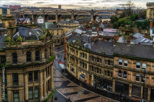An aerial view cityscape of Newcastle Upon Tyne, England, UK