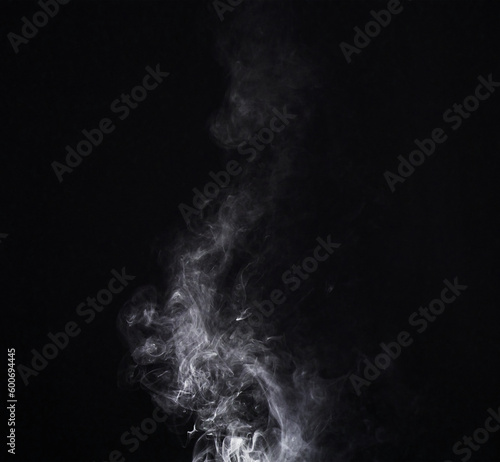 Grey smoke swirl, white background and studio with no people with fog in the air. Smoking, smog and isolated with smoker art from cigarette or pollution with graphic space for incense creativity