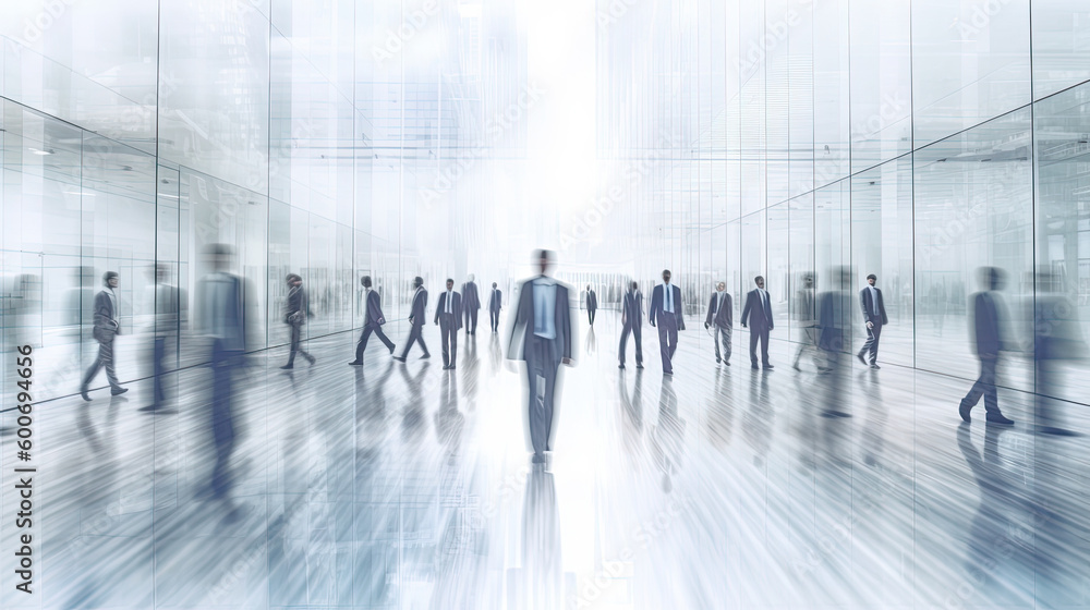 Blurred view through glass of a modern office with people at work. Generative AI Blurred view through glass of a modern office with people at work. Generative AI