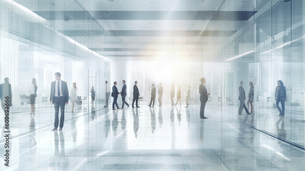 Blurred view through glass of a modern office with people at work. Generative AI Blurred view through glass of a modern office with people at work. Generative AI