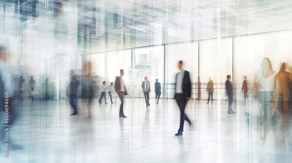 Blurred view through glass of a modern office with people at work. Generative AI Blurred view through glass of a modern office with people at work. Generative AI