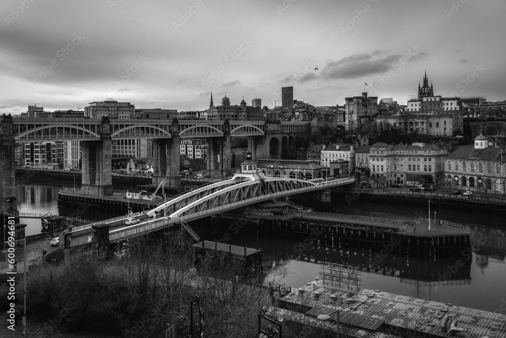 Newcastle-upon-Tyne, England, UK. Swing Bridge in Middle Ground, High Level Bridge in Background, linking Gateshead to Newcastle.