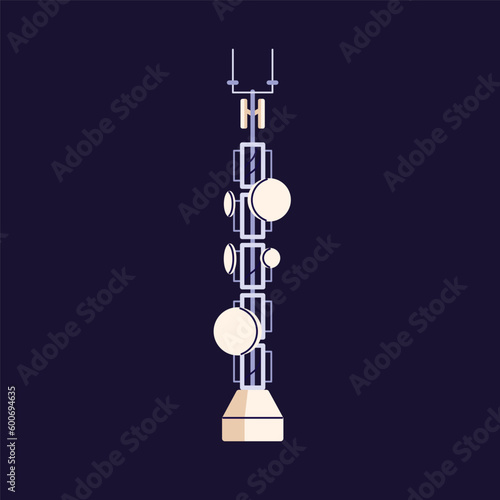 Radio tower, telecommunication broadcasting mast with 5g dishes, plates. Signal transmission pole for telecom, cellular communication, internet, network connection. Isolated flat vector illustration