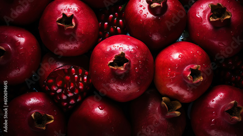 Fresh ripe pomegranades with water drops background. Fruits backdrop. Generative AI