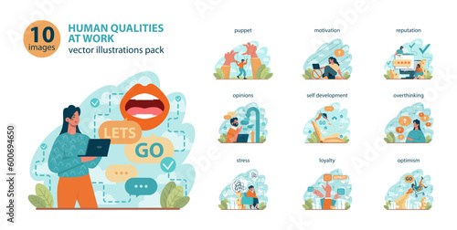 Office worker set. Business character or employee daily attitude