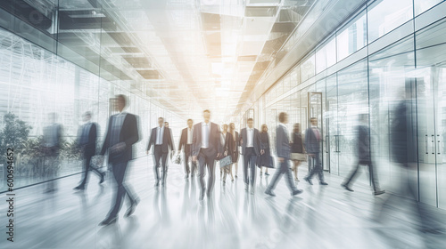 Blurred view through glass of a modern office with people at work. Generative AI © Farnaces