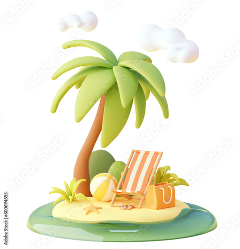 Vector travel and summer beach vacation relax illustration. Deck chair on sandy sea beach, palm tree, flip-flops and beach ball