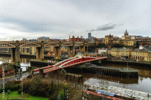 Newcastle-upon-Tyne, England, UK. Swing Bridge in Middle Ground, High Level Bridge in Background, linking Gateshead to Newcastle.