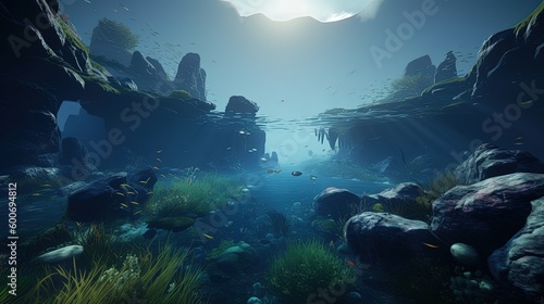 A watery planet with endless oceans, deep and mysterious trenches generative ai