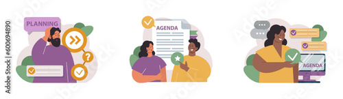 Schedule management set. Character planning or checking task